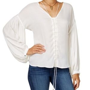 William Ras white lace up blouse with puffy sleeves